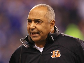 Cincinnati Bengals coach Marvin Lewis reacts during the 2014 AFC Wild Card game against the Indianapolis Colts at Lucas Oil Stadium. (Andrew Weber/USA TODAY Sports)