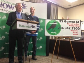 Conservation Minister Gord Mackintosh and Wolseley MLA Rob Altemeyer address media at a press conference announcing a $275,000 investment towards a mattress recycling initiative. (DAVID LARKINS/WINNIPEG SUN/POSTMEDIA NETWORK)