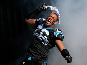 Greg Hardy of the Carolina Panthers runs onto the field during player introductions before the NFL divisional playoff game against the San Francisco 49ers at Bank of America Stadium January 12, 2014 in Charlotte, N.C. (Kevin C. Cox/Getty Images/AFP)