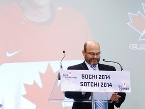 Peter Chiarelli announces the inclusion of Sidney Crosby during the Canada Olympic men's hockey roster announcement at the  MasterCard Centre For Hockey Excellence in Toronto, Ont. on Tuesday January 7, 2014. (Ernest Doroszuk/Postmedia Network File Photo)