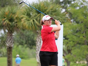 Bath's Augusta James watches her shot during the Symetra Tour's Chico's Patty Berg Memorial tournament in Fort Myers, Fla., on the weekend. James won by four shots to earn her first pro golf victory. (Symetra Tour)