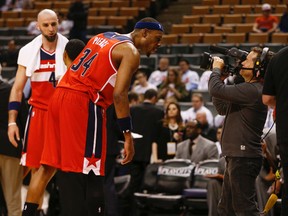 Wizards’ Paul Pierce goofs around the cameraman during a break in the second half against the Raptors on Tuesday. (Jack Boland/Toronto Sun)