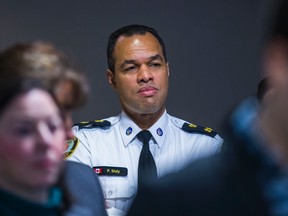 Toronto Police Deputy Chief Peter Sloly listens as the Toronto Police Service Board announces Mark Saunders as the new chief of police on Monday April 20, 2015. (Ernest Doroszuk/Toronto Sun)