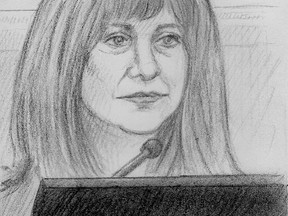 Nicole Proulx testifies at the Ottawa courthouse Wednesday, April 22, 2015, during the criminal trial of Sen. Mike Duffy. 
Sketch by Laurie Foster-MacLeod/OTTAWA SUN/POSTMEDIA NETWORK