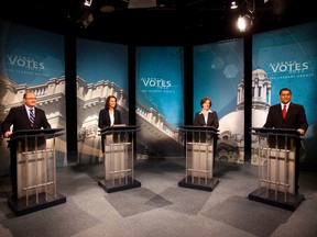 (From left) NDP leader Brian Mason, Wildrose Party leader Danielle Smith, Progressive Conservative leader Alison Redford and Liberal leader Raj Sherman before the Leader's Debate at Global Studios in Edmonton on Thursday, April 12, 2012. CODIE MCLACHLAN/EDMONTON SUN/Post Media Network