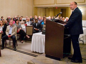 London Mayor Matt Brown talks to the Canadian Club of London at the Hilton in London, Ont. on Wednesday April 22, 2015. (MIKE HENSEN, The London Free Press)