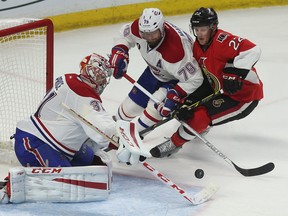 Ottawa Senator Erik Condra tries to get past Montrea Canadien P.K.Subban during third period action at the Canadian Tire Centre in Ottawa Wednesday April 22, 2015. The Ottawa Senators defeated the Montreal Canadiens 1-0 Wednesday. Tony Caldwell/Postmedia Network