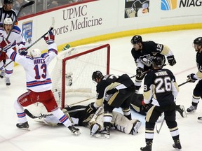 New York Rangers right winger Kevin Hayes reacts after scoring the game winning goal in overtime against the Pittsburgh Penguins in Game 4 of the first round of the 2015 NHL playoffs at the CONSOL Energy Center on April 22, 2015. (Charles LeClaire/USA TODAY Sports)