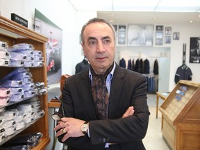 Sudbury businessman Tony Monteleone at his clothing store on Durham Street in Sudbury, Ont. on Wednesday April 22, 2015. Monteleone was shot in the abdomen in 2010 by Alex Klem while he was  working at his store. Gino Donato/Sudbury Star
