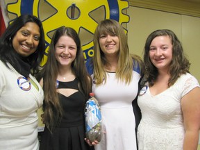 Some of the participants of a recent YMCA trip to Guatemala by Chatham-Kent youth spoke at the meeting of the Rotary Club of Chatham held on Wednesday, April 22, 2015. From left are mentor Dr. Samantha Chandrasena, and youth participants Gabrielle Gooch, Kaitlyn Smoke and Hannah Clark.(DON ROBINET/POSTMEDIA NETWORK)