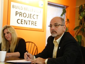 JASON MILLER/THE INTELLIGENCER
Mayor Taso Christopher speaking, while Coun. Kelly McCaw looks on, during Thursday's Mayor's Implementation Team meeting. McCaw voiced opposition about the team’s $70,000 advertising budget.