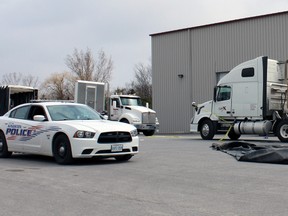 Emergency services responded to a call for an injured worker at Haakon Industries. (Steph Crosier, The Whig-Standard, Postmedia Network)