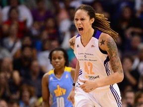Center Brittney Griner #42 of the Phoenix Mercury reacts on the court against the Chicago Sky during game one of the WNBA Finals at US Airways Center on September 7, 2014 in Phoenix, Arizona. (Jennifer Stewart/Getty Images/AFP)