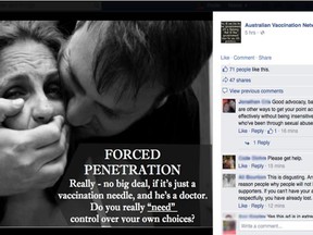 An Australian anti-vaccination ad has caused an uproar for comparing childhood immunizations to rape. The post has since been deleted and the group has apologized. (Postmedia Network/Facebook)