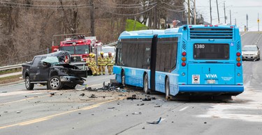 The scene at Yonge St. and Royal Orchard Blvd. in Thornhill where a VIVA bus collided head-on with a Ford F150 pickup on Thursday, April 23, 2015. A 25-year-old man was pronounced dead at the scene. There were seven people on the VIVA bus, including the bus driver and six passengers. They were not injured seriously, police said. (ERNEST DOROSZUK/Toronto Sun)