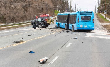 The scene at Yonge St. and Royal Orchard Blvd. in Thornhill where a VIVA bus collided head-on with a Ford F150 pickup on Thursday, April 23, 2015. A 25-year-old man was pronounced dead at the scene. There were seven people on the VIVA bus, including the bus driver and six passengers. They were not injured seriously, police said. (ERNEST DOROSZUK/Toronto Sun)