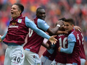 Aston Villa midfielder Jack Grealish celebrates a goal during the FA Cup semifinal against Liverpool at Wembley stadium in London April 19, 2015. (AFP PHOTO/GLYN KIRK)