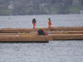 ERNST KUGLIN/THE INTELLIGENCER
Workers from Kehoe Marine Construction secure some of the 212 boat slips at the Trent Port Marina Thursday. The docks were floated up the Bay of Quinte Monday from Gananoque. The dock installation should be completed for the opening in May. There's no word, however, on when the marina building will be completed.
