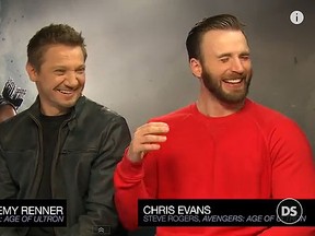 A screengrab from the YouTube clip of the interview with Jeremy Renner, left, and Chris Evans, right.