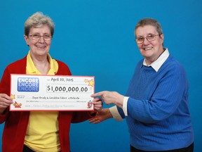 SUBMITTED PHOTO 
Joyce Brady and Geraldine Fobert have one million reasons to smile. The two Belleville residents are sharing a $1,000,000 prize after the Sunday evening daily Keno draw machine at Mister Convenience on Bridge Street in Belleville "froze".