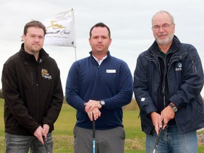 Sawmill Creek Golf Resort and Spa in Camlachie is hosting the Canadian Women's Senior Championship Aug. 25-28. From left are committee tournament member Marty Wilkins, Sawmill Creek general manager and head golf professional Paul Dumont, and committee member P.J. McLister. (Terry Bridge/Sarnia Observer/Postmedia Network)