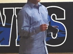 Tom Rich, a New Jersey police officer, encouraged County Central High School students to play an active role in combating cyberbullying during a presentation April 22 at the Cultural-Recreational Centre. Stephen Tipper Vulcan Advocate