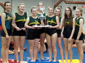 The Centennial Chargers' Level 1 gymnastics team of Elia Pichl, Jamie Dafoe, Lenna Reid, Pilar Lumreras Castro, Maddie McEwen, Emma Waneham, Emily Slade, and Mckenzie Gough captured the COSSA championship Wednesday at Peterborough's Kawartha Club. The Chargers will be sending 13 athletes plus a Novice aerobics team to OFSAA, May 3-5 in Sudbury. (Submitted photo)