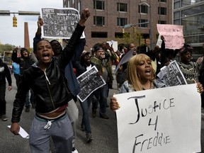 Demonstrators take to the streets of downtown after a protest in front of City Hall against the death of Freddie Gray in police custody, in Baltimore April 23, 2015. The U.S. Southern Christian Leadership Conference will independently investigate the death of Gray in police custody, with the local head of the civil rights group saying it lacked confidence in a police probe into the death. REUTERS/Sait Serkan Gurbuz
