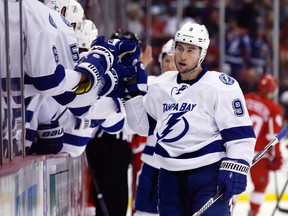 Tampa Bay Lightning centre Tyler Johnson receives congratulations from teammates after scoring in the third period against the Detroit Red Wings in Game 4 of the first round of the 2015 NHL playoffs at Joe Louis Arena on April 23, 2015. (Rick Osentoski/USA TODAY Sports)