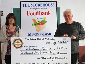 BRUCE BELL/THE INTELLIGENCER
The Storehouse Wellington and District Foodbank received some much needed help this week with a $1,720 donation from the Rotary Club of Wellington’s guest speaker program. Picture are Storehouse president Linda Downey and Rotary president Brian McGowan.