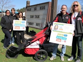 Team Hoyt Canada is participating in its first Canadian event at Sarnia's Walk So Kids Can Talk 5k fundraiser for Kids Help Phone May 3 at the Dow People Place. Pictured are Team Hoyt Canada president Wes Harding, front left, Sarnia's Walk So Kids Can Talk organizer Doug Stewart, along with  walk organizing committee members Dorothy Stewart, back left, Chris Joyce, and Lynda Glover. (Tyler Kula/Sarnia Observer/Postmedia Network)