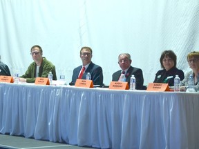 The provincial election candidates for the Stony Plain constituency, from left to right: Matt Burnett (Green), Mike Hanlon (Liberal), Ken Lemke (PC), Kathy Rondeau (Wildrose), Sandy Simmie (Alberta Party). - Thomas Miller, Reporter/Examiner