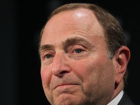 NHL commissioner Gary Bettman speaks to the media prior to playoff Game 3 between the Winnipeg Jets and the Anaheim Ducks at the MTS Centre on April 20, 2015. (Brian Donogh/Winnipeg Sun/Postmedia Network)