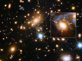 Multiple images of a single distant supernova within a cluster of galaxies called MACS J1149.6+2223, located more than 5 billion light-years away, are seen in an image from NASA taken by the Hubble Space Telescope released March 5, 2015. Reuters