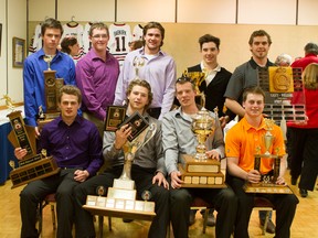 Nine players were honoured Friday as the Sarnia Legionnaires Jr. 'B' hockey club held its annual awards banquet. They included, seated from left: Brandon Layman, Nathan Mater, Tyler Prong and Jordan Fogarty. Standing, same order: Cameron Clarke, Andrew Masters, Ryan Trottier, Davis Boyer and Hayden Allen. (Submitted photo by Anne Tigwell)