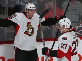 Ottawa Senators Patrick Wiercioch celebrates his goal on Montreal Canadiens Carey Price during first period action at the Bell  Centre in Montreal Friday April 24, 2015. Tony Caldwell/Postmedia Network