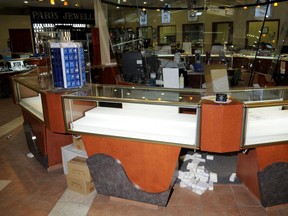 A photo shows the damage caused to during a break-in at a west-end jewelry store. (Supplied)
