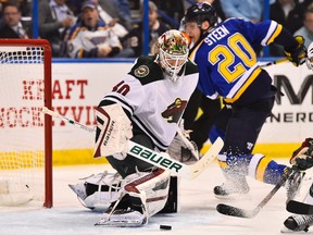 Minnesota Wild goalie Devan Dubnyk blocks the shot of St. Louis Blues left winger Alexander Steen during the second period in Game 5 of the first round of the 2015 NHL playoffs at Scottrade Center on April 24, 2015. (Jasen Vinlove/USA TODAY Sports)
