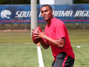Canadian quarterback Brandon Bridge prepares to throw during his pro day March 30 at the University of South Alabama in Mobile, Ala.(Chip English/South Alabama Athletic Media Relations)