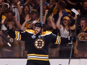 Boston Bruins’ Milan Lucic celebrates after scoring in Game 6 of the Stanley Cup final against the Chicago Blackhawks in Boston June 24, 2013. (REUTERS/Dominick Reuter)