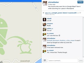 This image of the Android robot urinating on the Apple logo was removed from Google Maps. (Screenshot)