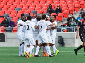 Fort Lauderdale Strikers celebrate a goal against the Ottawa Fury FC during their NASL soccer game at the TD Place in Ottawa on Saturday, April 25, 2015. Matthew Usherwood/Ottawa Sun/Postmedia Network