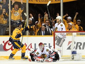 Filip Forsberg of the Nashville Predators scores a goal against the Chicago Blackhawks on Thursday night. (Getty Images/AFP)