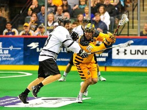 Edmonton's Zack Greer closes in on Minnesota's Jordan MacIntosh during Saturday's NLL game (Scott Pierson, NLL).