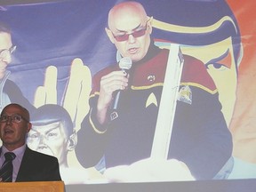 Mayor Tom Grant shares some stories about Leonard Nimoy during a tribute event in Nimoy's honour at the Cultural Recreation Centre on April 25.