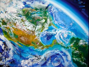 Manitoulin artist Ann Beam has always worked large, finding objects and recycled packaging to create a textured image of the Earth. This piece is being shown in New York City this week.