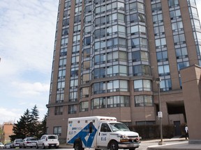 Emergency crews at the scene on Hickory Tree Road, near Weston Road and Lawrence, after a three-year-old child was rushed to hospital without vital signs after falling from an apartment window Sunday, April 26, 2015. (Victor Biro photo)