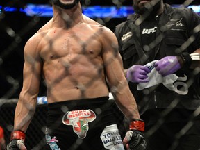 John Makdessi reacts after his fight against Shane Campbell during their catchweight bout during UFC 186 at Bell Centre on April 25, 2015. (Eric Bolte/USA TODAY Sports)