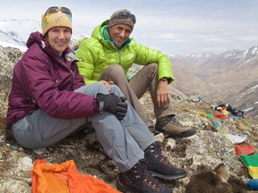 Nancy Hansen and Ralf Dujmovits are pictured atop a hillside above the Tibetan town of Nyalan on an acclimatization hike before setting off for Mount Everest. The pair are believed to have survived an avalanche triggered by a massive earthquake in Nepal.