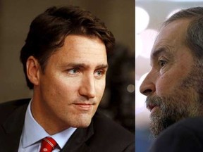 A coalition between Liberal Leader Justin Trudeau (L) and NDP Leader Thomas Mulcair may not be on the table just yet. 

(REUTERS)